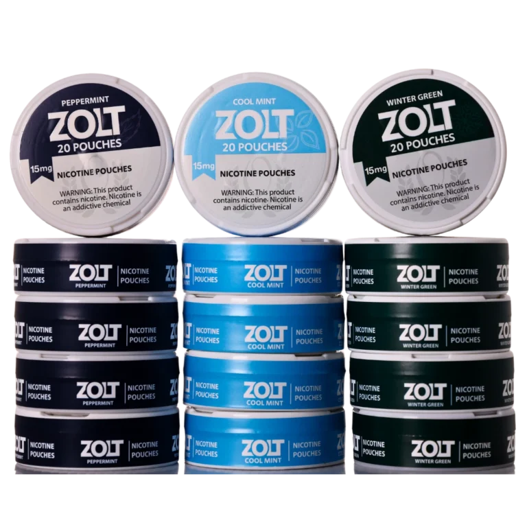 Nine Zolt nicotine pouch tins stacked in Peppermint, Cool Mint and Wintergreen