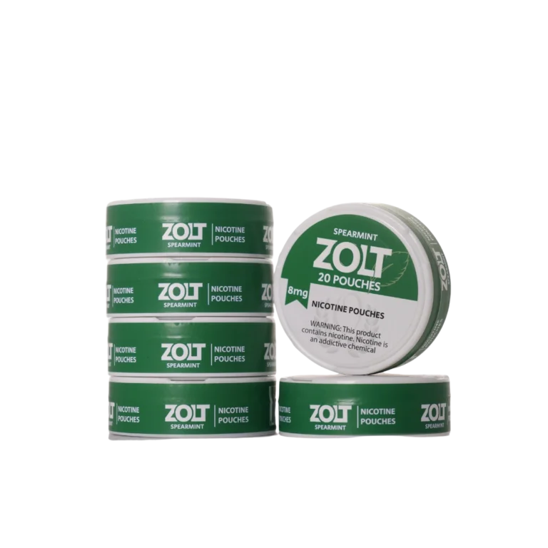 Stack of Zolt Spearmint nicotine pouch tins