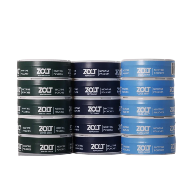 Three stacks of Zolt nicotine pouch tins in Wintergreen, Peppermint and Cool Mint